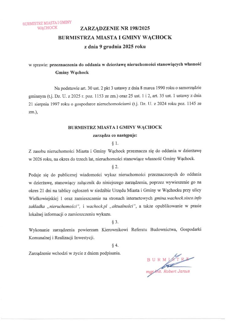 Oficjalny dokument Burmistrza Wąchocka szczegółowo opisujący dzierżawę nieruchomości.