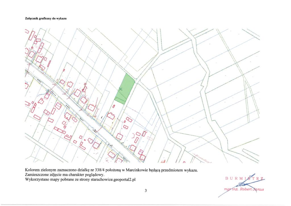 Mapa przedstawiająca działkę 338/4 w Marcinkowie, oznaczoną na zielono, z zaznaczonymi okolicznymi zabudowaniami i ich rozplanowaniem.