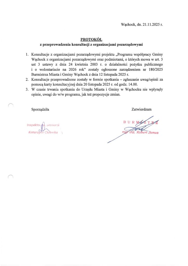 Formalny dokument protokolarny szczegółowo opisujący konsultacje z organizacjami pozarządowymi w sprawie współpracy społecznej w Wąchocku.