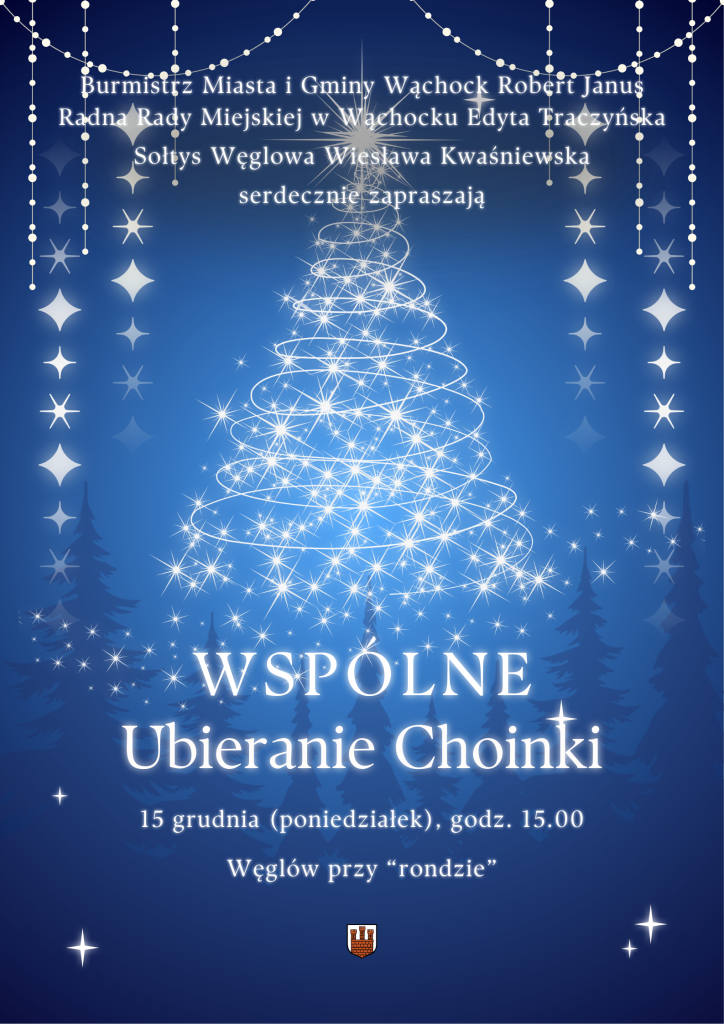 Zaproszenie na społecznościową imprezę dekorowania choinki, która odbędzie się 15 grudnia o godzinie 15:00, z mieniącym się tłem w postaci choinki.