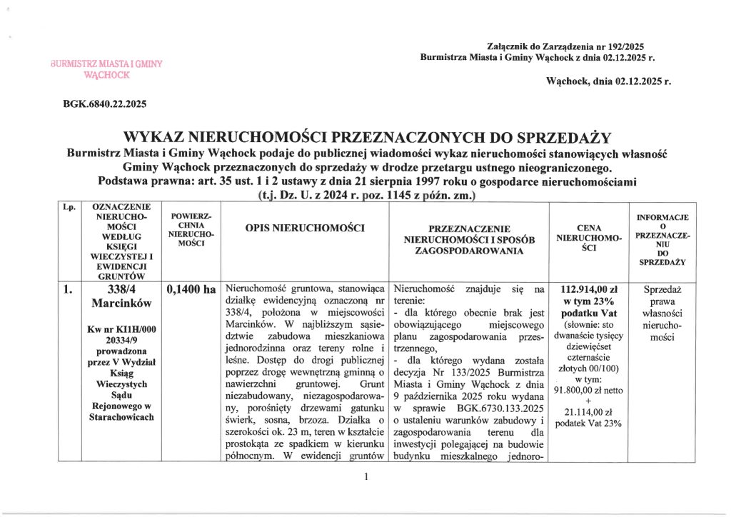 Dokument zawierający listę nieruchomości na sprzedaż w Marcinkowie w Polsce, zawierający szczegółowe informacje na temat wielkości, przeznaczenia i cen.