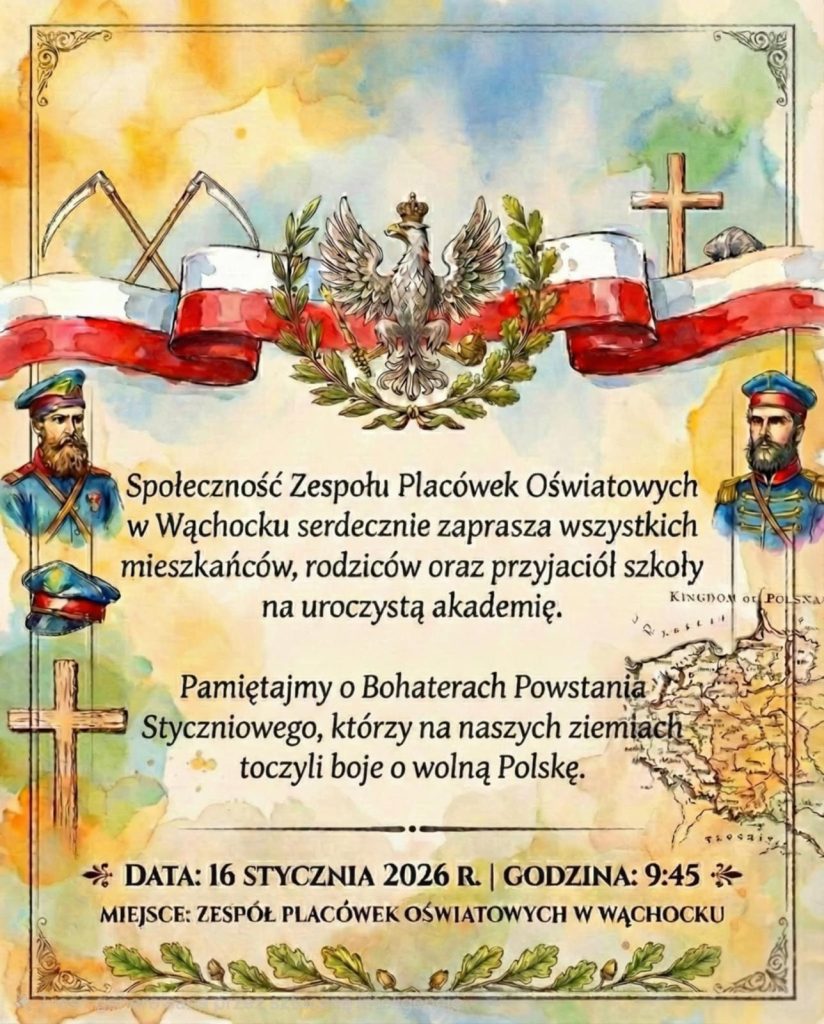 Zaproszenie na uroczystość akademicką poświęconą bohaterom Powstania Styczniowego, z uwzględnieniem polskich symboli i elementów historycznych.