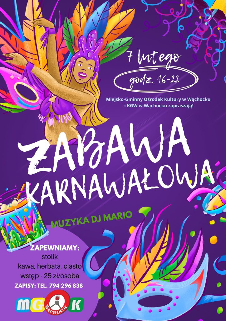 Kolorowy plakat na wydarzenie karnawałowe przedstawiający tancerkę, szczegółowe informacje o wydarzeniu, muzykę DJ-a Mario i dane kontaktowe.