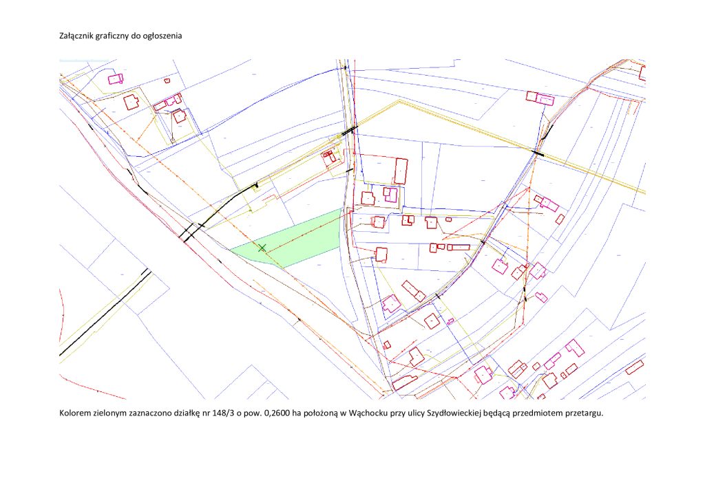 Mapa przedstawiająca układ nieruchomości w Wąchocku, ze szczegółami dotyczącymi działki 148/3 wyróżnionymi na zielono w celu przeprowadzenia aukcji.