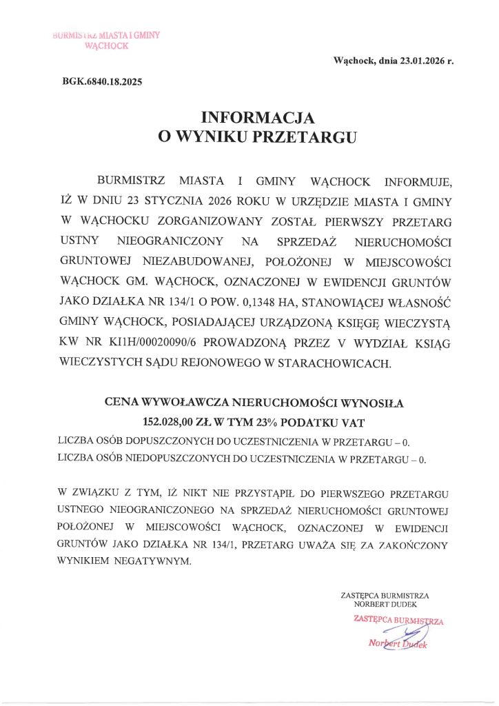 Informacja o wyniku przetargu