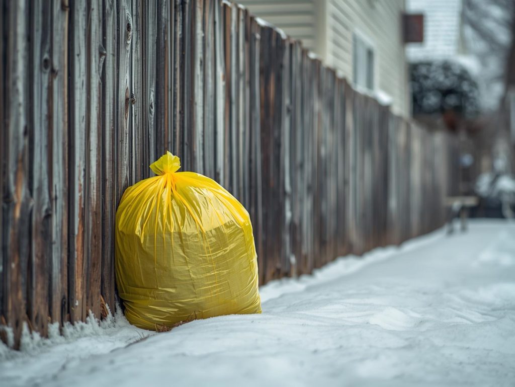 Duży żółty worek na śmieci leży oparty o drewniany płot, otoczony śniegiem na ziemi w spokojnej uliczce.