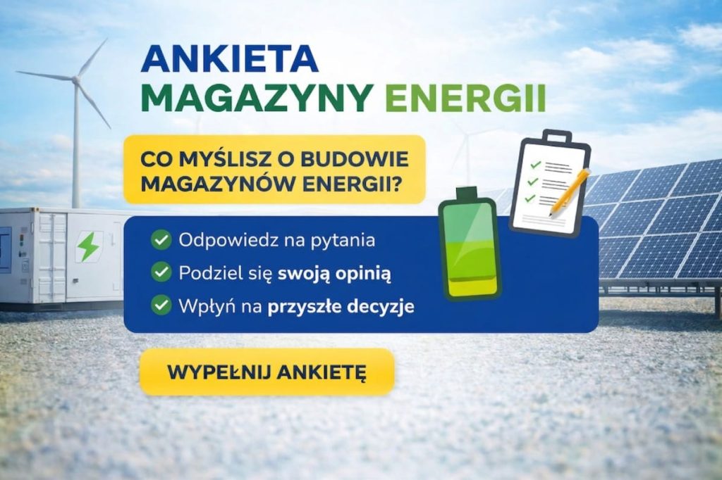 Grafika promuje ankietę pod tytułem "ANKIETA MAGAZYNY ENERGII" na tle farmy słoneczno-wiatrowej (panele fotowoltaiczne, turbina wiatrowa, kontener techniczny) pod czystym błękitnym niebem. Na środku półprzezroczyste żółte pole z błękitnym pytaniem: "CO MYŚLISZ O BUDOWIE MAGAZYNÓW ENERGII?". Poniżej granatowe pole z trzema punktami (każdy z zielonym ptaszkiem): "Odpowiedz na pytania", "Podziel się swoją opinią", "Wpłyń na przyszłe decyzje", obok ikony baterii i klipbordu z ołówkiem. Na samym dole znajduje się wyraźny żółty przycisk z błękitnym tekstem "WYPEŁNIJ ANKIETĘ"