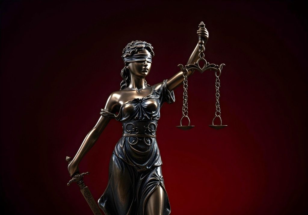 Ciemna, metaliczna statua Temidy z opaską na oczach, trzymająca w jednej ręce wagę, w drugiej miecz, ustawiona na tle czerwonego, ciemnego gradientu.