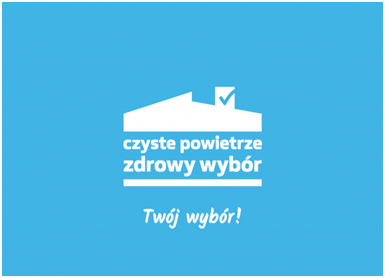 Grafika z białą ikoną fabryki i symbolem haczyka na niebieskim tle. Pod ikoną widoczny napis „czyste powietrze zdrowy wybór”, a niżej hasło „Twój wybór!”.