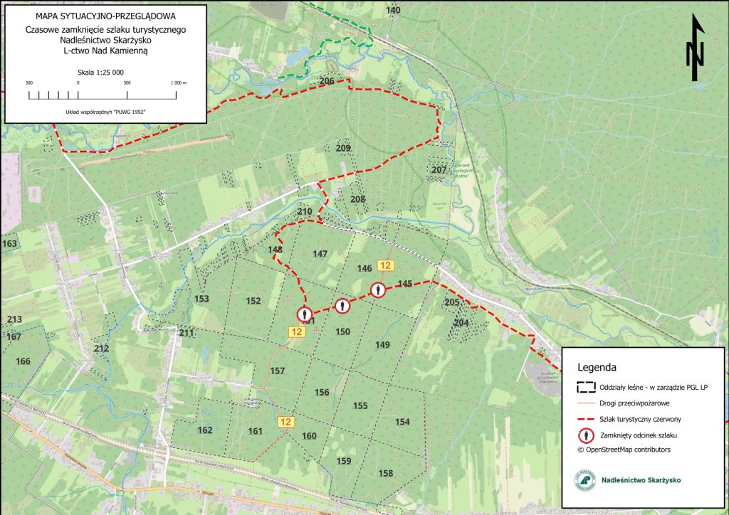 Mapa sytuacyjno-przeglądowa Nadleśnictwa Skarżysko, Leśnictwo Nad Kamienną, przedstawiająca czasowo zamknięty odcinek czerwonego szlaku turystyczneg