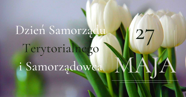 Grafika przedstawiająca białe tulipany z zielonymi liśćmi na delikatnie rozmytym tle. Na zdjęciu umieszczono biały napis: „Dzień Samorządu Terytorialnego i Samorządowca” po lewej stronie oraz datę „27 MAJA” po prawej stronie.