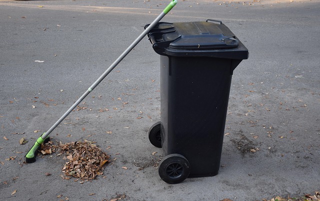 Zdjęcie przedstawia czarny, plastikowy kosz na śmieci na kółkach stojący na asfaltowej nawierzchni. O pojemnik oparta jest długa miotła z szarym trzonkiem i jasnozielonymi elementami. Tuż przy szczotce znajduje się niewielka, zmieciona kupka suchych, brązowych liści. Wokół na asfalcie widać również pojedyncze, rozrzucone liście.