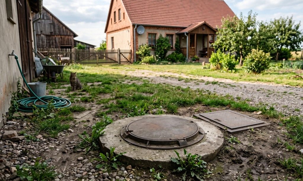 fotografia wiejskiego podwórka. Na pierwszym planie znajduje się betonowy właz do zbiornika bezodpływowego (szamba) z gładką, metalową pokrywą bez napisów, a tuż obok mniejsza, prostokątna klapa. Z lewej strony, przy ścianie budynku gospodarczego, leży zwinięty zielony wąż ogrodowy, stoi wiadro i taczka, a na trawie siedzi kot. W tle widać tradycyjny, murowany dom z czerwoną dachówką, drewniany płot, drzewa oraz zieleń ogrodową pod zachmurzonym niebem.