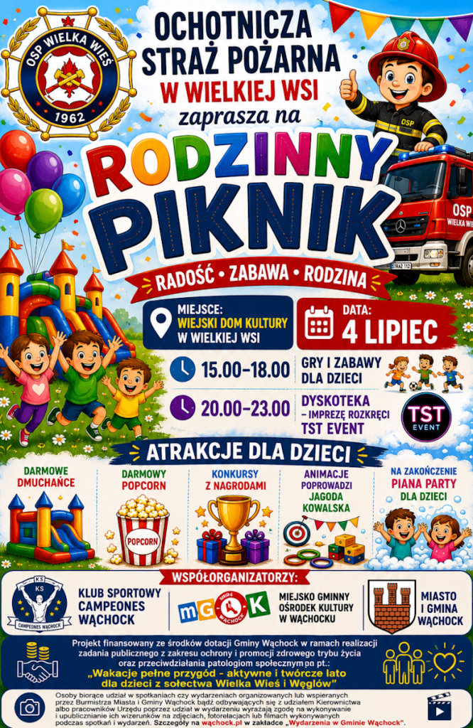 Kolorowy, animowany plakat promujący wydarzenie. W górnej części widnieje duży, wielokolorowy napis: „Ochotnicza Straż Pożarna w Wielkiej Wsi zaprasza na RODZINNY PIKNIK”. Poniżej na czerwonej szarfie umieszczono hasło: „Radość • Zabawa • Rodzina”.
Plakat zdobią wesołe, rysunkowe grafiki: w lewym górnym rogu znajduje się logo OSP Wielka Wieś (rok założenia 1962), z prawej strony uśmiechnięty strażak pokazujący kciuk w górę oraz czerwony wóz strażacki. Z lewej strony umieszczono duży zamek dmuchany, pęk kolorowych balonów i skaczące, radosne dzieci.
W środkowej części podano kluczowe informacje organizacyjne:
Miejsce: Wiejski Dom Kultury w Wielkiej Wsi
Data: 4 lipiec
15.00-18.00: Gry i zabawy dla dzieci
20.00-23.00: Dyskoteka – imprezę rozkręci TST EVENT
Poniżej na granatowym pasku znajduje się żółty napis „ATRAKCJE DLA DZIECI”, a pod nim wymieniono poszczególne punkty programu zilustrowane odpowiednimi obrazkami:
Darmowe dmuchańce
Darmowy popcorn
Konkursy z nagrodami (grafika złotego pucharu i prezentów)
Animacje poprowadzi Jagoda Kowalska
Na zakończenie Piana Party dla dzieci
W dolnej części plakatu wyróżniono sekcję WSPÓŁORGANIZATORZY: z logotypami: Klub Sportowy Campeones Wąchock, Miejsko Gminny Ośrodek Kultury w Wąchocku oraz Miasto i Gmina Wąchock (z herbem).
Na samym dole, na ciemnoniebieskim tle, drobnym drukiem zamieszczono informację, że projekt jest finansowany z dotacji Gminy Wąchock w ramach zadania „Wakacje pełne przygód - aktywne i twórcze lato dla dzieci z sołectwa Wielka Wieś i Węglów”. Obok znajdują się ikony uścisku dłoni oraz rodziny. Plakat zamyka klauzula informacyjna dotycząca zgody na wykorzystanie wizerunku uczestników na zdjęciach i filmach (z ikonami aparatu fotograficznego i klapsa filmowego).