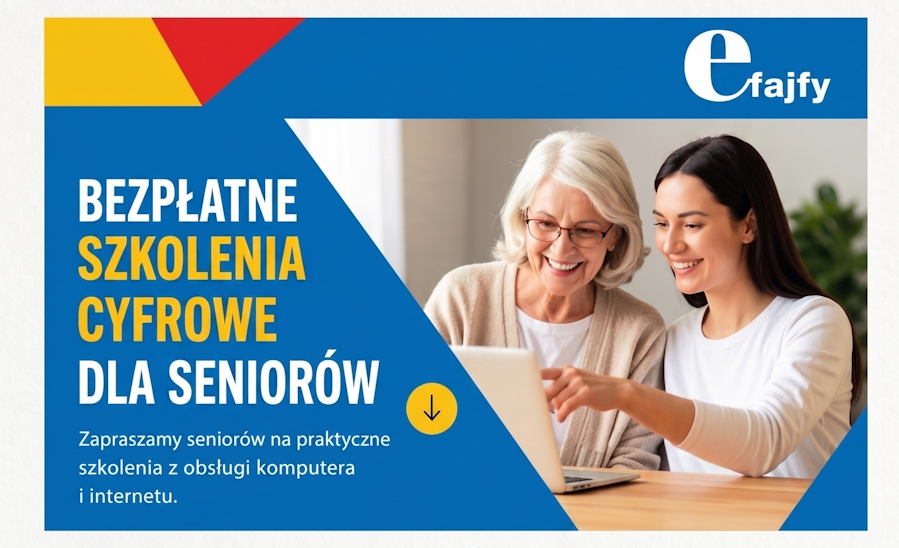 Plakat promujący bezpłatne szkolenia cyfrowe dla seniorów. W górnej części znajduje się zdjęcie uśmiechniętej starszej kobiety i młodszej dziewczyny, które wspólnie patrzą w ekran laptopa. Obok widnieje duży, niebiesko-żółty napis "Bezpłatne szkolenia cyfrowe dla seniorów. Zapraszamy seniorów na praktyczne szkolenia z obsługi komputera i internetu". Poniżej wypisane są szczegóły organizacyjne. Szkolenie przeznaczone jest dla osób powyżej 60. roku życia, bez względu na doświadczenie. Zajęcia obejmują małe grupy ok. 20 osób, ćwiczenia praktyczne, wsparcie trenera, sprzęt na miejscu, a czas trwania to 180 minut. Program obejmuje podstawy internetu, pocztę e-mail, IKP, mObywatel, sprawy urzędowe przez internet, bezpieczeństwo w sieci, kontakt z rodziną i usługi online. Zgłoszenia przyjmowane są do 24 lipca 2026 r. w Miejsko-Gminnym Ośrodku Pomocy Społecznej pod numerem telefonu 271 50 34. Na dole plakatu znajduje się zielony komunikat, że udział w szkoleniu jest całkowicie bezpłatny. W stopce umieszczono logotypy: NASK, Ministerstwo Cyfryzacji oraz informację o finansowaniu ze środków Ministerstwa Cyfryzacji. W prawym górnym rogu widać logo e-fajfy.