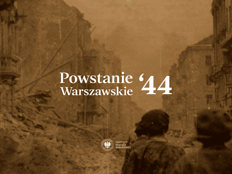 Grafika utrzymana w odcieniach sepii, na którą nałożono teksturę przypominającą gęste, faliste linie. W tle widać zrujnowane budynki tworzące wąskie przejście, a na pierwszym planie, w prawym dolnym rogu, znajdują się rozmyte, odwrócone tyłem sylwetki dwóch osób w nakryciach głowy. W centralnej części umieszczono duży, biały napis „Powstanie Warszawskie '44”. Poniżej, na środku, znajduje się logo Instytutu Pamięci Narodowej.