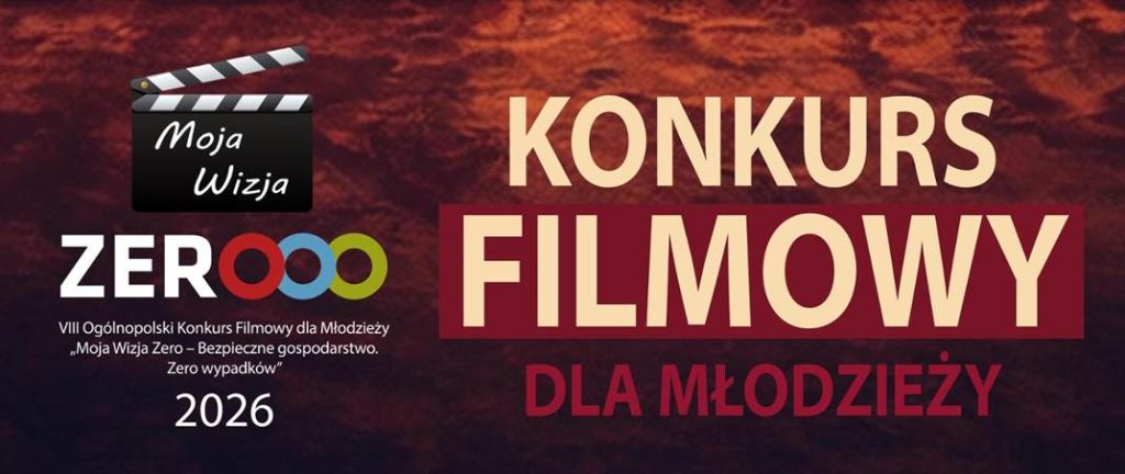 Grafika informująca o konkursie filmowym. Po prawej stronie umieszczono duże napisy "KONKURS FILMOWY" oraz znacznie ciemniejsze "DLA MŁODZIEŻY". Z lewej strony znajduje się klaps filmowy, napis "Moja Wizja" oraz wyraz "ZERO", w którym litery zastąpiono kolorowymi, nachodzącymi na siebie okręgami. W lewym dolnym rogu drobnym drukiem wpisano pełną nazwę wydarzenia: VIII Ogólnopolski Konkurs Filmowy dla Młodzieży "Moja Wizja Zero – Bezpieczne gospodarstwo. Zero wypadków" 2026. Całość nałożona jest na ciemnobordowe tło o chropowatej fakturze.